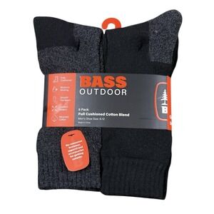 BASS OUTDOOR Crew Socks Mens 6 Pack Black Gray Cushioned Cotton Blend